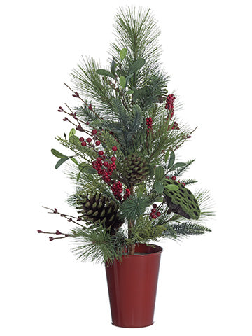 24" Berry/Mistletoe/Cone/Pine Tree in Tin Pot Red Green (pack of 1)