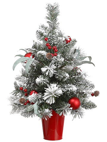 24" Snowed Ball/Berry/Cone/ Pine Tree in Tin Pot Red Green (pack of 1)
