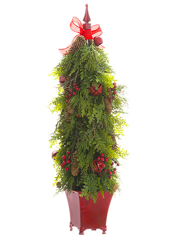36" Cedar/Pine Cone/Bell Topiary Green Red (pack of 2)