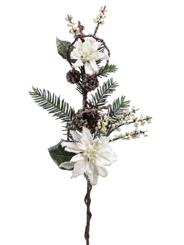 37" Iced Poinsettia/Pine Cone/Pine Spray White (pack of 6)