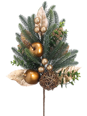 19" Pine/Twig Ball/Apple Spray Gold (pack of 12)
