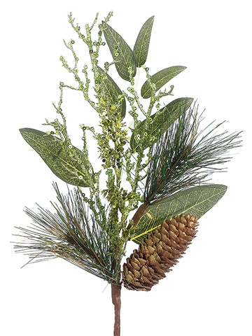 12" Glittered Holly/Pine Cone/Pine Srpay Green Brown (pack of 24)