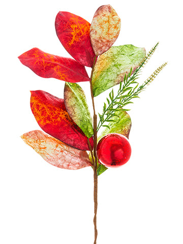 26" Ornament Ball/Magnolia Leaf Spray Red Green (pack of 12)