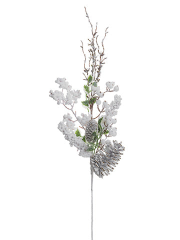 28" Snowed Pine Cone/Berry Spray White (pack of 12)