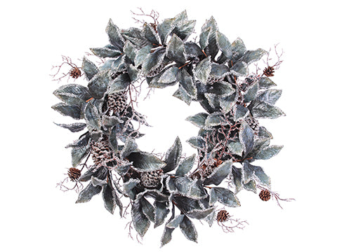 30" Glittered Magnolia Leaf with Pine Cone Wreath Green Iced (pack of 1)