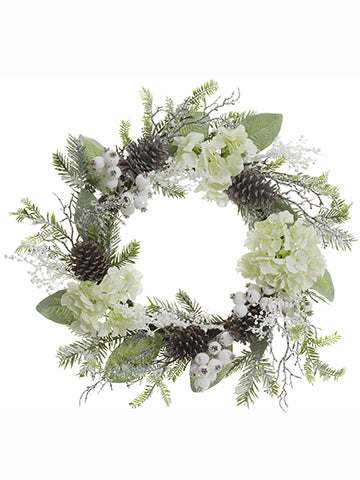 24" Glittered Hydrangea/Cone /Pine Wreath White Ice (pack of 1)