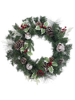 22" Pine/Cone/Holly/Berry Wreath Green White (pack of 6)