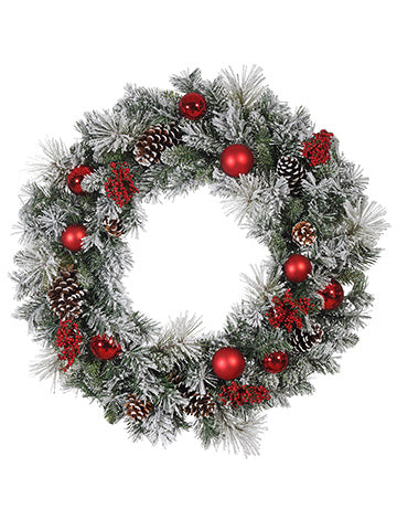 30" Snowed Pine With Cone/ Ball/Berry Wreath Red Snow (pack of 1)