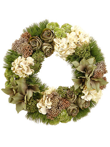 24" Hydrangea/Rose/Amaryllis Wreath Eggshell Green (pack of 1)