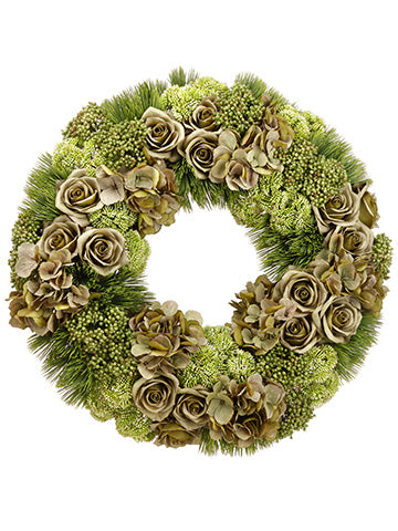 25" Rose/Hydrangea/Sedum/Pine Wreath Green (pack of 1)