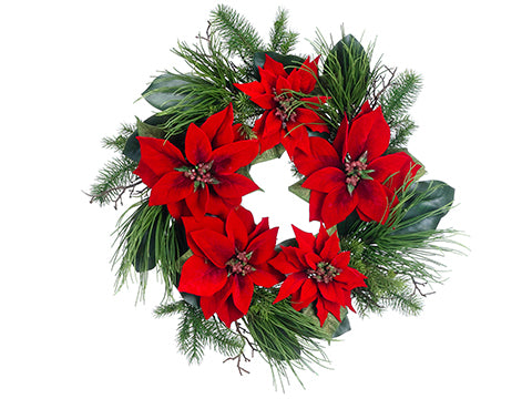 26" Velvet Poinsettia/Pine Wreath Red (pack of 2)