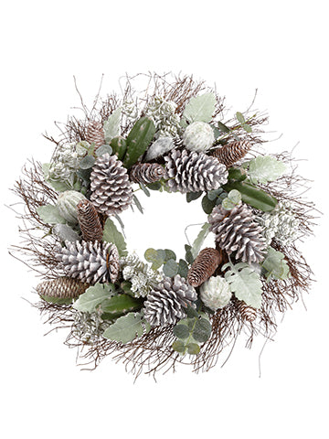 20" Sedum/Cactus/Lamb's Ear/Pine Cone Wreath Two Tone Green (pack of 2)