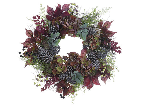 24" Sedum/Berry/Pine Cone Wreath Burgundy Green (pack of 2)