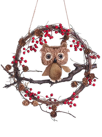 13" Owl Berry Twig Wreath  Red Brown (pack of 6)