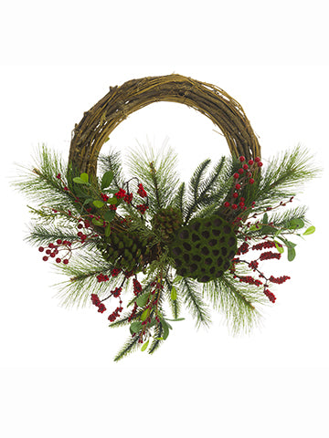 18" Berry/Mistletoe/Cone/Pine Wreath Red Green (pack of 4)