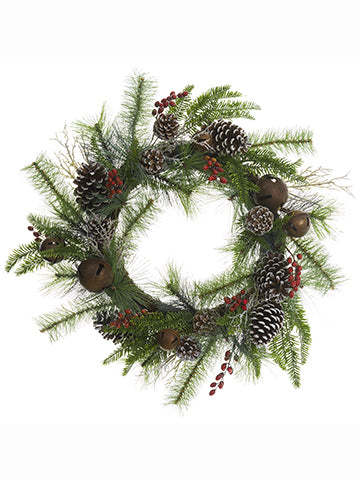 24" Pine Cone/Bell/Berry/ Pine Wreath Brown Green (pack of 2)