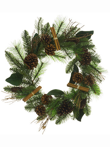 22" Pine/Cinnamon Stick Wreath With Cone Green Brown (pack of 1)