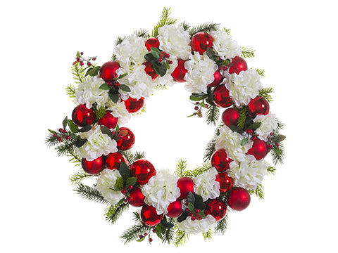 24" Hydrangea/Ball/Pine Wreath Red White (pack of 1)