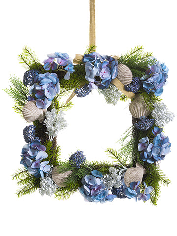 22"Wx22"L Hydrangea/Shell/Pine Wreath Blue Green (pack of 2)