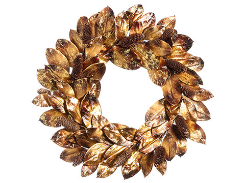 28" Magnolia Leaf/Pine Cone Wreath Antique Gold (pack of 2)