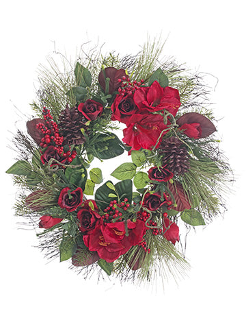 24" Amaryllis/Rose/Pine Cone/Pine Wreath Red (pack of 2)