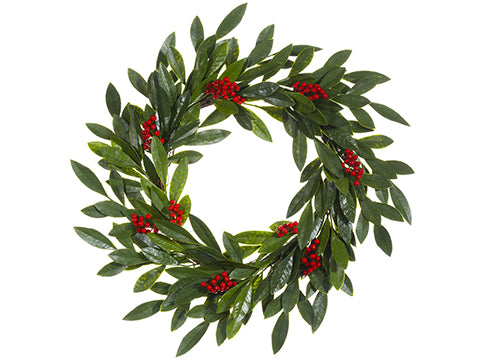 28" Outdoor Bay Leaf Wreath w/Plastic Berry Green Red (pack of 2)
