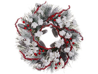 24" Snowed Faux Cotton/Pine Cone/Pine Wreath White Red (pack of 2)