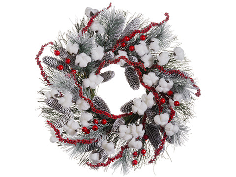 24" Snowed Faux Cotton/Pine Cone/Pine Wreath White Red (pack of 2)