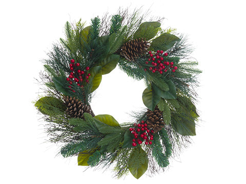 24" Magnolia Leaf/Pine Cone/Berry/Pine Wreath Green Red (pack of 2)