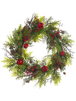 24" Cedar/Pine Cone/Bell Wreath Green Red (pack of 2)