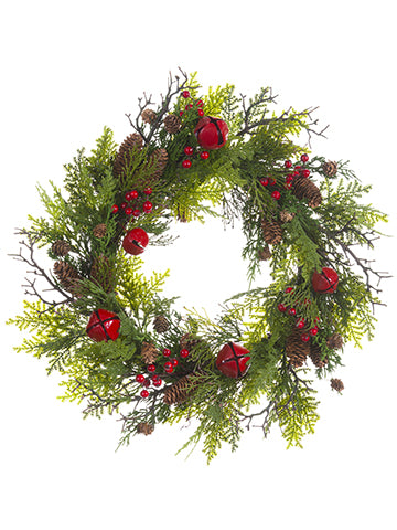 24" Cedar/Pine Cone/Bell Wreath Green Red (pack of 2)