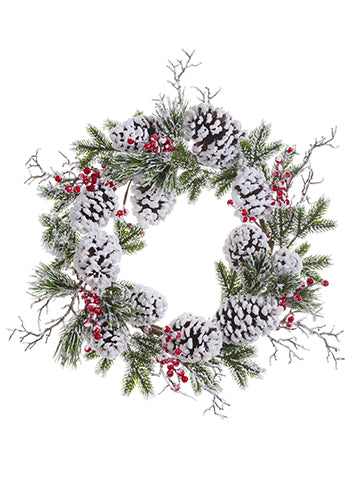 24" Snowed Berry/Pine Cone/Pine Wreath Green Snow (pack of 2)