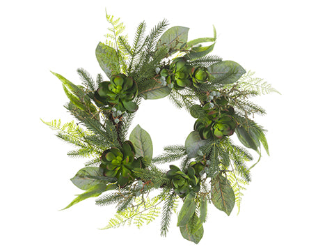 24" Succulent/Pine/Twig Wreath Green Gray (pack of 2)