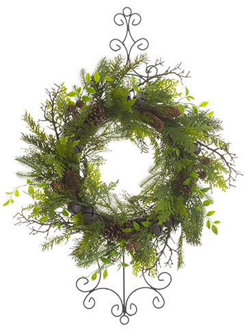24"Wx39"L Pine/Cedar/Pine Cone/Bell Wreath Green Brown (pack of 1)