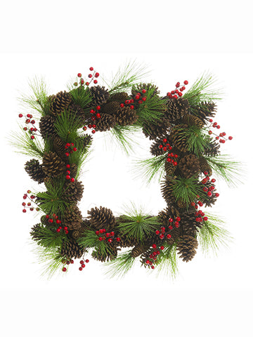 24"Wx24"L Long Needle Pine /Pine Cone/Berry Wreath Brown Green (pack of 1)