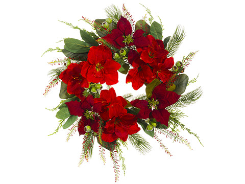 27" Amaryllis/Poinsettia/Pod /Pine Wreath Red Green (pack of 1)