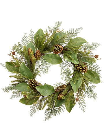 24" Magnolia Leaf/Pine/Pine Cone Wreath Green (pack of 1)