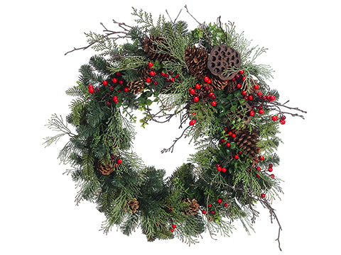 24"mixed Pine/Cone/Berry Wreath Green Red (pack of 2)