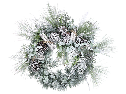 24" Mixed Pine/Birch/Cone Wreath White Green (pack of 2)