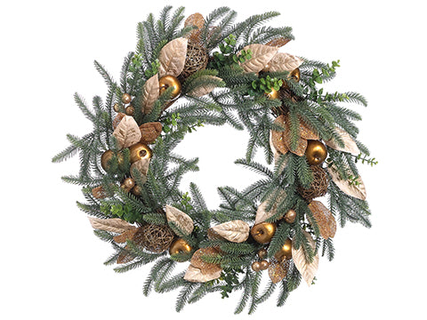 24" Pine/Twig Ball/Apple Wreath Gold (pack of 2)