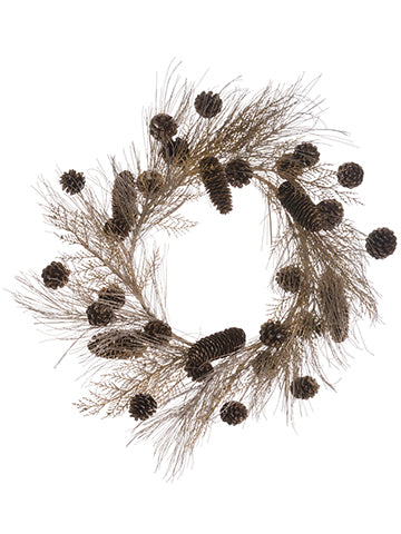 24" Glittered Pine Cone /Cedar/Long Needle Wreath Gold Platinum (pack of 1)