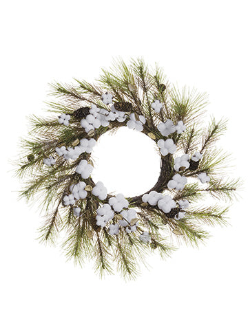 27" Snowed Pine/Faux Cotton Ball/Cone Wreath Green Snow (pack of 2)