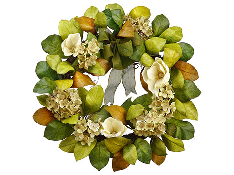 20" Magnolia/Hydrangea Wreath  Beige Green (pack of 2)
