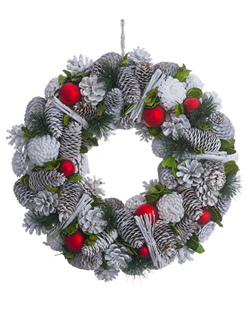 14" Snowed Pine Cone/Ball/ Pine Cone Wreath White Red (pack of 2)