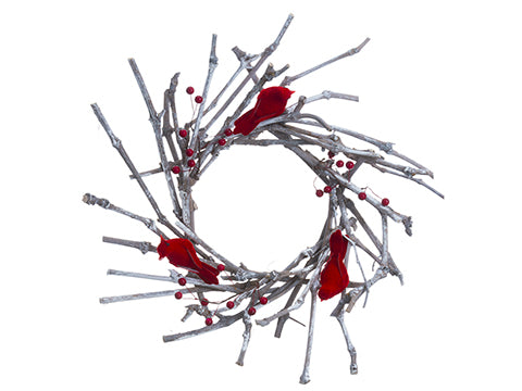 21" Twig With Cardinal/Berry Wreath Red Whitewashed (pack of 4)