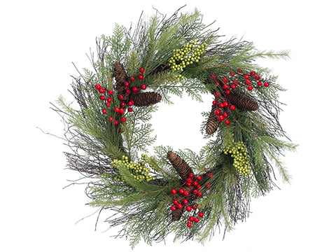 24" Pine/Cedar/Cone/Berry Wreath Green Red (pack of 2)
