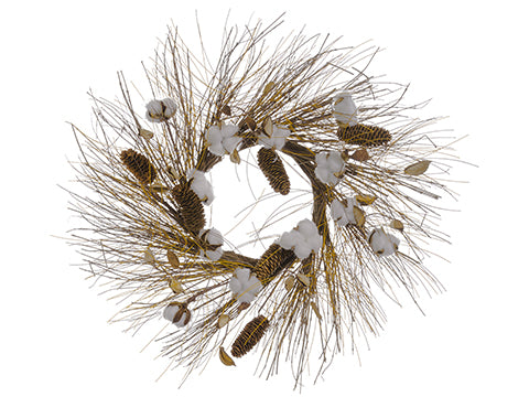24" Faux Cotton Ball/Pine Cone/ Long Needle Pine Wreath Brown White (pack of 1)
