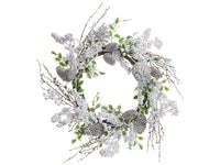 24" Snowed Pine Cone/Berry Wreath White (pack of 6)