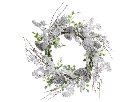 24" Snowed Pine Cone/Berry Wreath White (pack of 6)