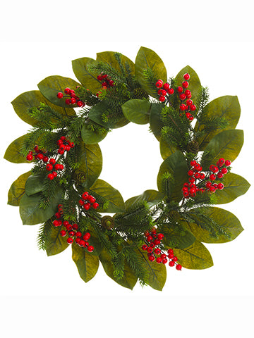 24" Berry/Magnolia Leaf/Pine Wreath Red Green (pack of 1)